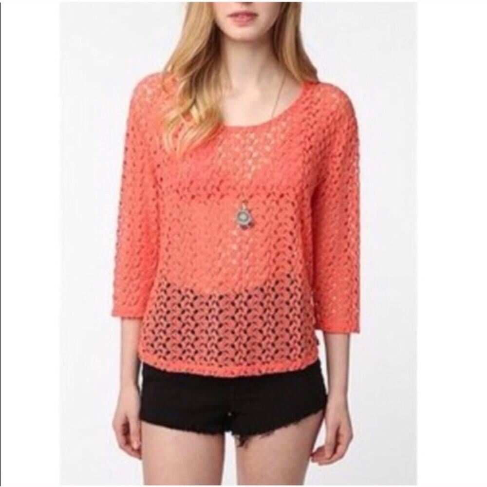 Staring Stars open knit crochet orange coral top